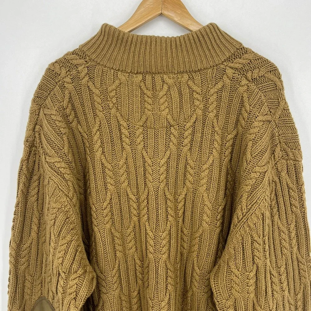Cabela's Mens 2XL Brown Cable Knit Toggle Fleece Lined Sweater Elbow Patches